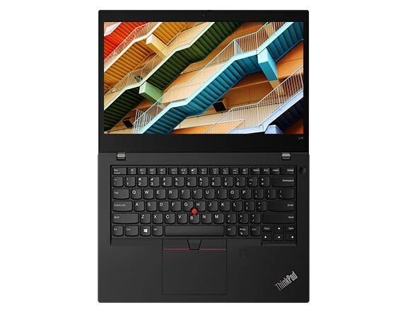 Overhead shot of Lenovo ThinkPad L14 laptop open 180 degrees.