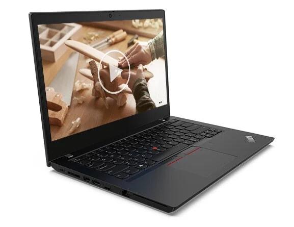 Lenovo ThinkPad L14 laptop open 90 degrees, angled to show left side ports.