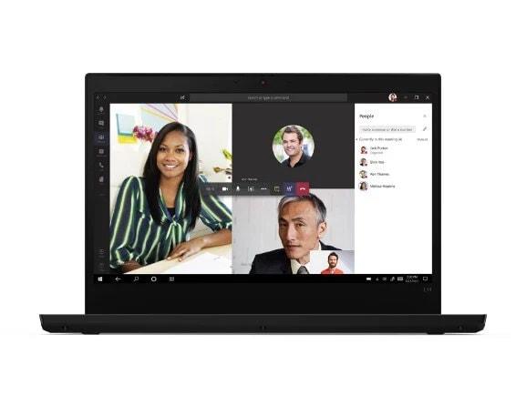 Headshot of 14” display showing video-chat on Lenovo ThinkPad L14 Gen 2 (Intel) laptop open 90 degrees.
