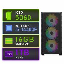 Genesis RTX 5060 i5 Gaming PC RGB tower case front angled view