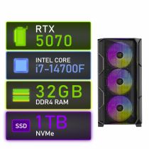 Genesis RTX 5070 i7 Gaming PC RGB tower case front angled view