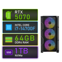 Genesis RTX 5070 i7 Gaming PC RGB tower case front angled view