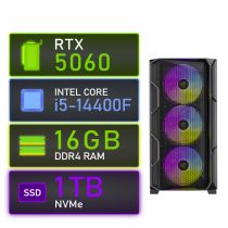 Genesis RTX 5060 i5 Gaming PC RGB tower case front angled view
