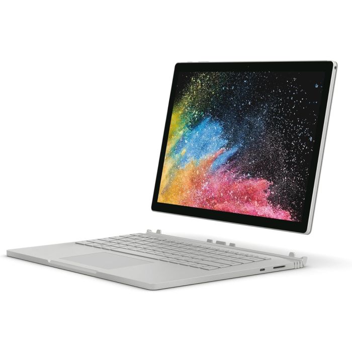 Microsoft Surface Book 2 13.5-inch Silver – front angle view with PixelSense display and keyboard base