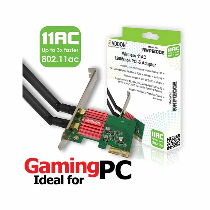 Addon AWP1200E Wireless AC Dual Band 1200Mbps PCI-E Adapter - 802.11a/b/g/n/ac