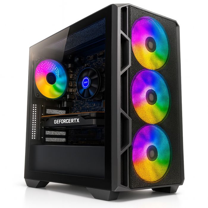 Genesis RTX 5070 i7 Gaming PC RGB tower case front angled view