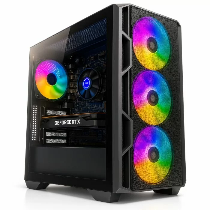 Genesis RTX 5070 i7 Gaming PC RGB tower case front angled view