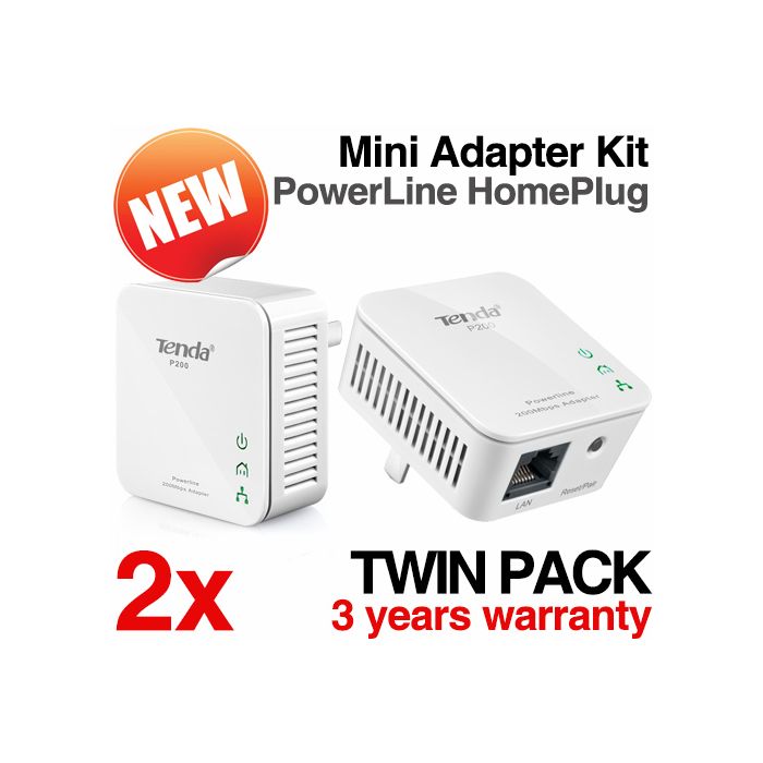 Tenda P200 200Mbps Homeplug AV Powerline Network Mini Adapter Twin Pack